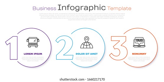 Establezca la línea Bus, Ubicación en el mundo y Servicio de llamadas de laptops. Plantilla de infografía empresarial. Vector