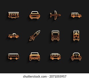 Set line Bus, Off road car, Old city tram, Retro minivan, Car, Rocket ship with fire, Double decker bus and  icon. Vector