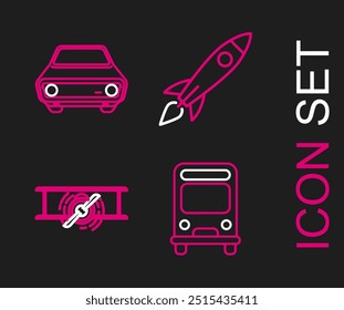 Set line Bus, Old retro vintage plane, Rocket ship with fire and Car icon. Vector