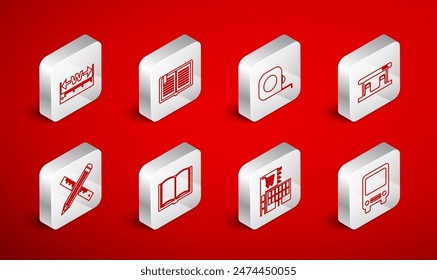 Set line Bus, Open book, Roulette construction, Gas filling station, Mall or supermarket building, Measuring height and length,  and Crossed ruler pencil icon. Vector