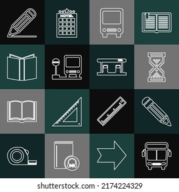 Set line Bus, Pencil, Hourglass pixel, stop, Open book, and line and Gas filling station icon. Vector