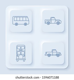 Set line Bus, Pickup truck, Double decker bus and Pickup truck. White square button. Vector