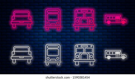 Set Line Bus, School Bus, Pickup Truck And School Bus. Glowing Neon Icon On Brick Wall. Vector