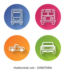 Set Line Bus, School Bus, Pickup Truck And Off Road Car. Color Circle Button. Vector