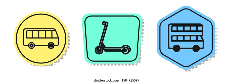 Set line Bus, Scooter and Double decker bus. Colored shapes. Vector