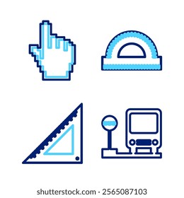 Set line Bus stop, Triangular ruler, Protractor grid and Pixel hand cursor icon. Vector