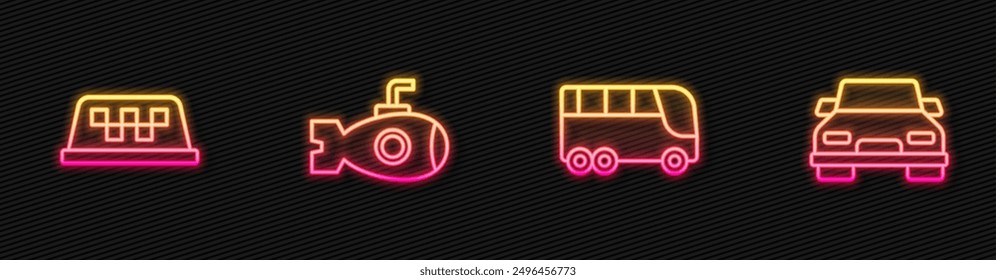 Set line Bus, Taxi car roof, Submarine and Car. Glowing neon icon. Vector