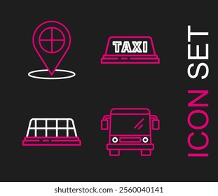 Set line Bus, Taxi car roof,  and Map pointer with taxi icon. Vector