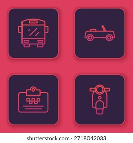 Set línea de autobús, Licencia de taxistas, coche y scooter. Botón cuadrado azul. Vector