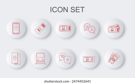 Set line Bus ticket, Cover book travel guide, Train, Infographic of city map,  and Translator icon. Vector