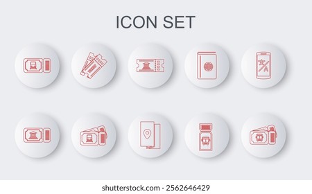 Set line Bus ticket, Museum, Train, Ticket,  and Cover book travel guide icon. Vector