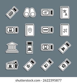 Set line Bus ticket, Museum, Cover book travel guide, Airline, Train, Ticket and  icon. Vector