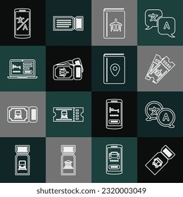 Set line Bus ticket, Translator, Airline, Cover book travel guide, Online hotel booking, translator and  icon. Vector