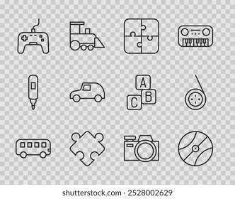 Set line Bus toy, Basketball ball, Puzzle pieces, Gamepad, Toy car, Photo camera and Yoyo icon. Vector