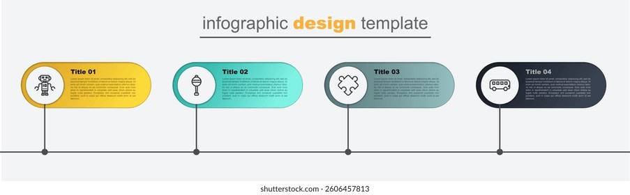 Set line Bus toy, Puzzle pieces, Rattle baby and Robot. Business infographic template. Vector