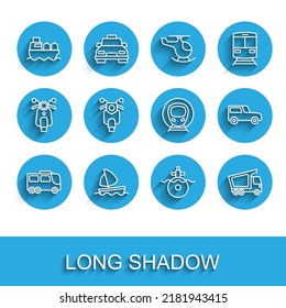 Set line Bus, Yacht sailboat, Oil tanker ship, Submarine, Delivery cargo truck, Scooter, Car and Train and railway icon. Vector
