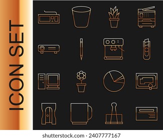 Línea Tarjeta de presentación, plantilla de certificado, Cuchillo de estacionería, olla de planta, lápiz con borrador, película, película, proyector de medios, icono de teclado y máquina de café. Vector