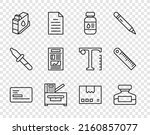 Set line Business card, Ink bottle, Printer ink, Copy machine, cartridge, News, Carton cardboard box and Ruler icon. Vector