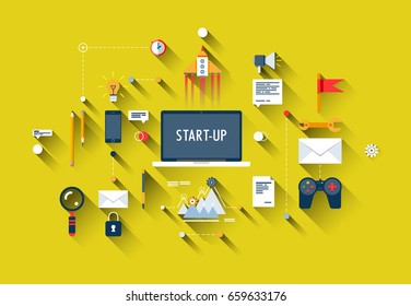 Set of line business design concepts for finance consulting management team work. Flat design with rocket and equipment. It all starts from your laptop.