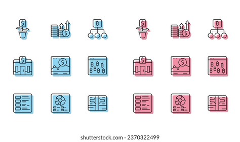 Set line Business finance report, Pie chart infographic, Dollar plant, Stacks paper money cash, Website with growth, Bitcoin browser, Bank building and Financial and dollar icon. Vector