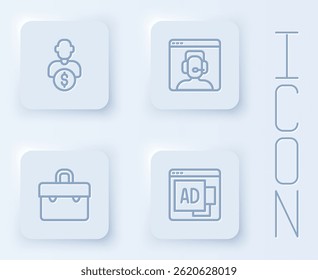 Set line Business investor, Telephone 24 hours support, Briefcase and Advertising. White square button. Vector