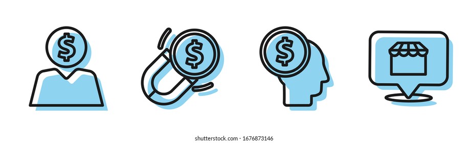 Set line Business man planning mind, Business man planning mind, Magnet with money and Online shopping concept icon. Vector