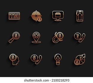 Set line Business man planning mind, Telephone handset and speech bubble chat, Trademark, Light bulb, Money diagram graph, Map pointer with star,  and Magnet money icon. Vector