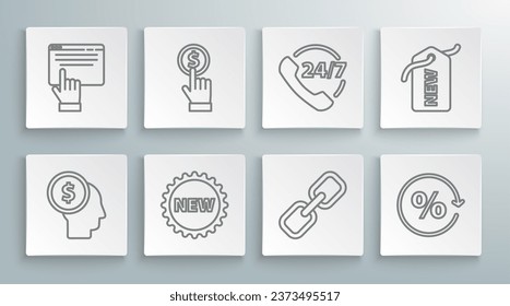 Set line Business man planning mind, Hand holding coin, Price tag with New, Chain link, Discount percent, Telephone 24 hours support,  and Online shopping screen icon. Vector