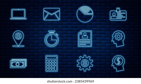 Set line Business man planning mind, Human head with gear inside, Pie chart infographic, Stopwatch, Cash location pin, Laptop, Resume and Envelope icon. Vector