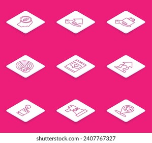 Set line Business man planning mind, Hand paper shopping bag, Target with dollar symbol, Mobile phone like heart, Growth chart progress people crowd, touch tap gesture and Megaphone icon. Vector