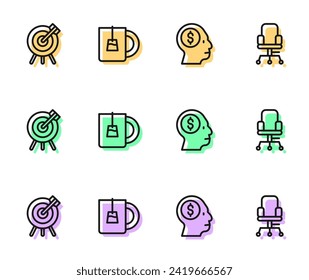 Set line Business man planning mind, Target financial goal, Cup of tea and Office chair icon. Vector