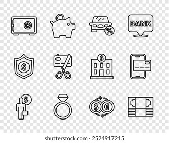 Set line Business man planning mind, Stacks paper money cash, Car leasing percent, Diamond engagement ring, Safe, Scissors cutting credit card, Money exchange and Mobile banking icon. Vector