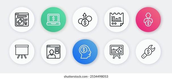 Set line Business man planning mind, investor, Chalkboard, Monitor with graph chart, Document, Financial growth dollar, Repair price and Video chat conference icon. Vector