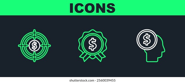 Set line Business man planning mind, Target with dollar and Price tag icon. Vector