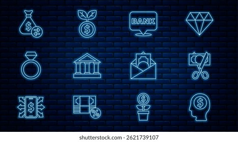 Set line Business man planning mind, Scissors cutting money, Bank building, Diamond engagement ring, Money bag, Envelope with dollar symbol and Dollar plant icon. Vector