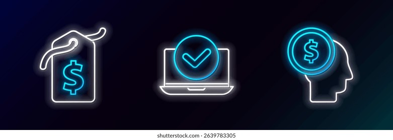 Set line Business man planning mind, Price tag with dollar and Laptop icon. Glowing neon. Vector