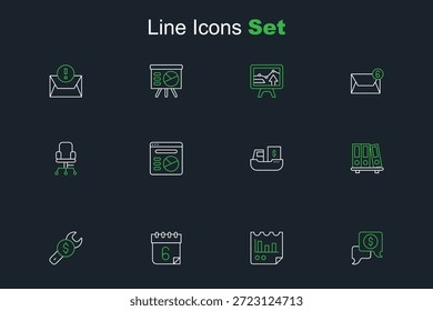 Establecer la línea Negocios negociaciones, documento con gráfico, calendario, Precio de reparación, carpetas de oficina, envío de cajas de carga, infografía de pastel e ícono de silla. Vector