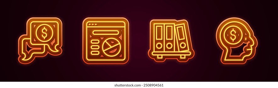 Set line Business negotiations, Pie chart infographic, Office folders and man planning mind. Glowing neon icon. Vector
