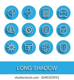 Set line Business network and communication, chart, diagram, infographic, Human head with question mark, Globe of the Earth gear, User protection, Time Management, Shield check and dollar icon. Vector