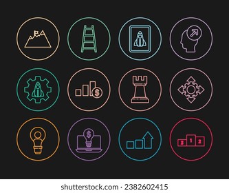 Set line Business podium, Project team base, Startup project concept, Pie chart and dollar, Mountains with flag, Chess and Stair finish icon. Vector