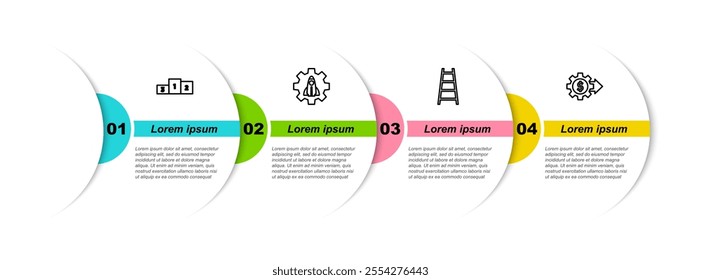 Set line Business podium, Startup project concept, Stair with finish flag and Gear dollar. Business infographic template. Vector