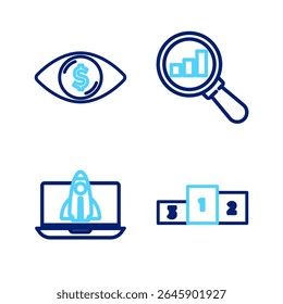 Set line Business podium, Startup project concept, Magnifying glass and analysis and Eye with dollar icon. Vector