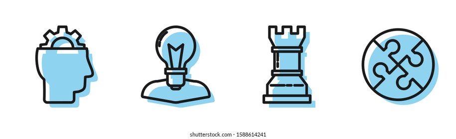 Set line Business strategy, Human with gear inside, Human head with lamp bulb and Piece of puzzle icon. Vector