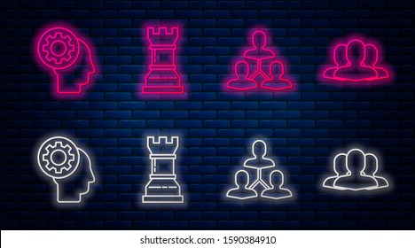 Set line Business strategy, Project team base, Human head with gear inside and Users group. Glowing neon icon on brick wall. Vector