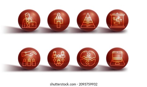 Set line Businessman, Boss with employee, Planning strategy concept, Piece of puzzle, Project team base, Stage stand or tribune, Laptop and Pyramid chart infographics icon. Vector