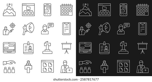 Set line Businessman, Chalkboard, Clipboard with checklist, Chat messages on phone, Megaphone, Marketing target strategy, Mountains flag and Speech bubble chat icon. Vector