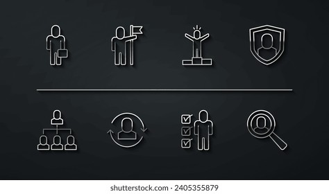 Set line Businessman, Employee hierarchy, User protection, Resume, Exchange work, Man holding flag, Magnifying glass for search job and Productive human icon. Vector