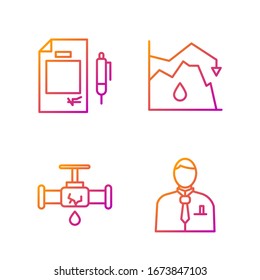 Set line Businessman or stock market trader, Broken pipe with leaking water, Contract money and pen and Drop in crude oil price. Gradient color icons. Vector