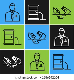 Set line Businessman or stock market trader, Wrecked oil tanker ship and Barrel oil leak icon. Vector