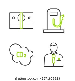 Set line Businessman or stock market trader, CO2 emissions cloud, Petrol gas station and Stacks paper money cash icon. Vector